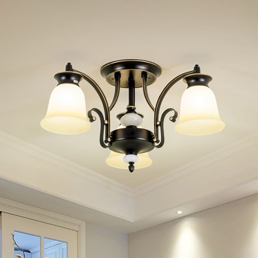 Frosted Glass Black Semi Flush Mount Flared Shade Vintage Close To Ceiling Chandelier 3 Black Clearhalo 'Ceiling Lights' 'Close To Ceiling Lights' 'Close to ceiling' 'Glass shade' 'Glass' 'Semi-flushmount' Lighting' 2216895