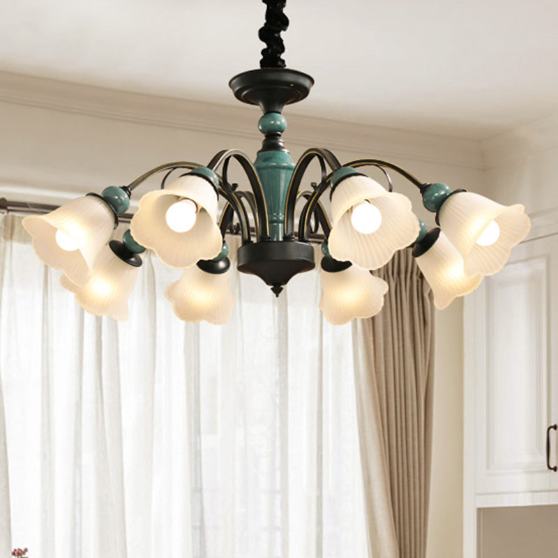 Green Flower Shade Flush Mount Light Retro Ribbed Glass Living Room Semi Flush Chandelier Clearhalo 'Ceiling Lights' 'Close To Ceiling Lights' 'Close to ceiling' 'Glass shade' 'Glass' 'Semi-flushmount' Lighting' 2216896