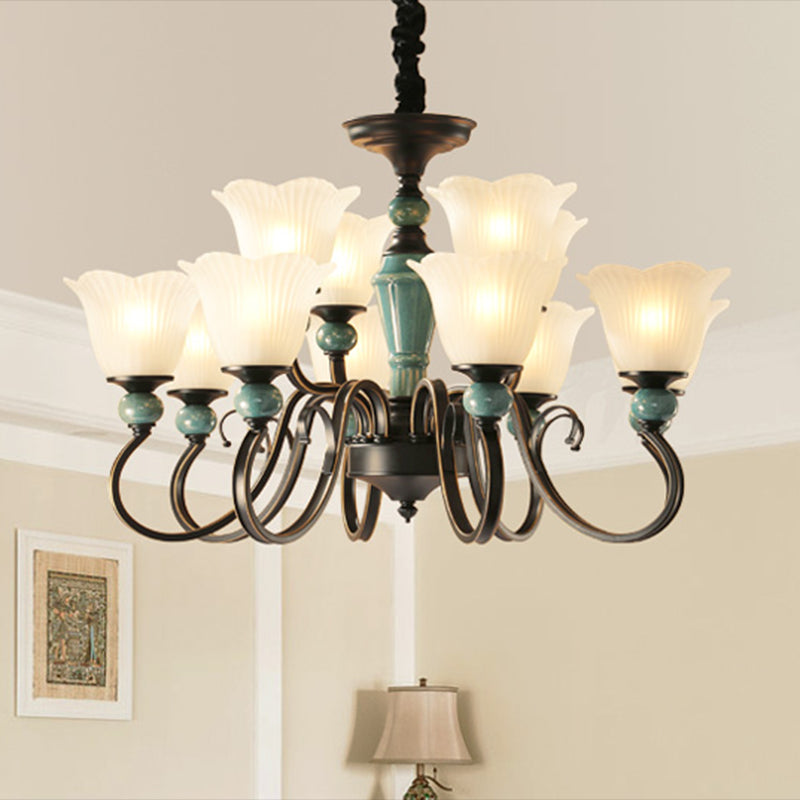 Green Flower Shade Flush Mount Light Retro Ribbed Glass Living Room Semi Flush Chandelier 12 Green Clearhalo 'Ceiling Lights' 'Close To Ceiling Lights' 'Close to ceiling' 'Glass shade' 'Glass' 'Semi-flushmount' Lighting' 2216897