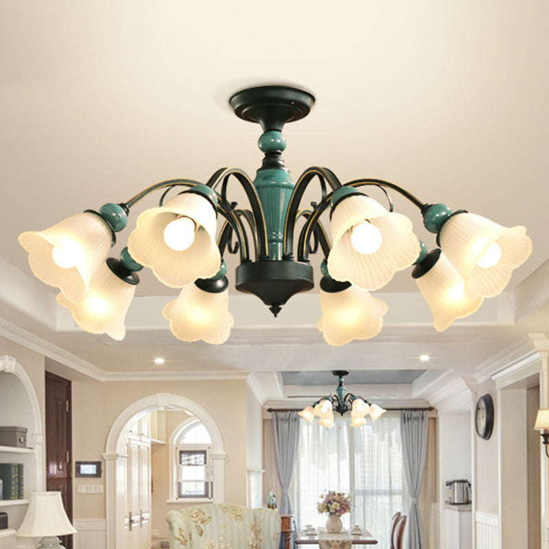 Green Flower Shade Flush Mount Light Retro Ribbed Glass Living Room Semi Flush Chandelier 8 Green Clearhalo 'Ceiling Lights' 'Close To Ceiling Lights' 'Close to ceiling' 'Glass shade' 'Glass' 'Semi-flushmount' Lighting' 2216898