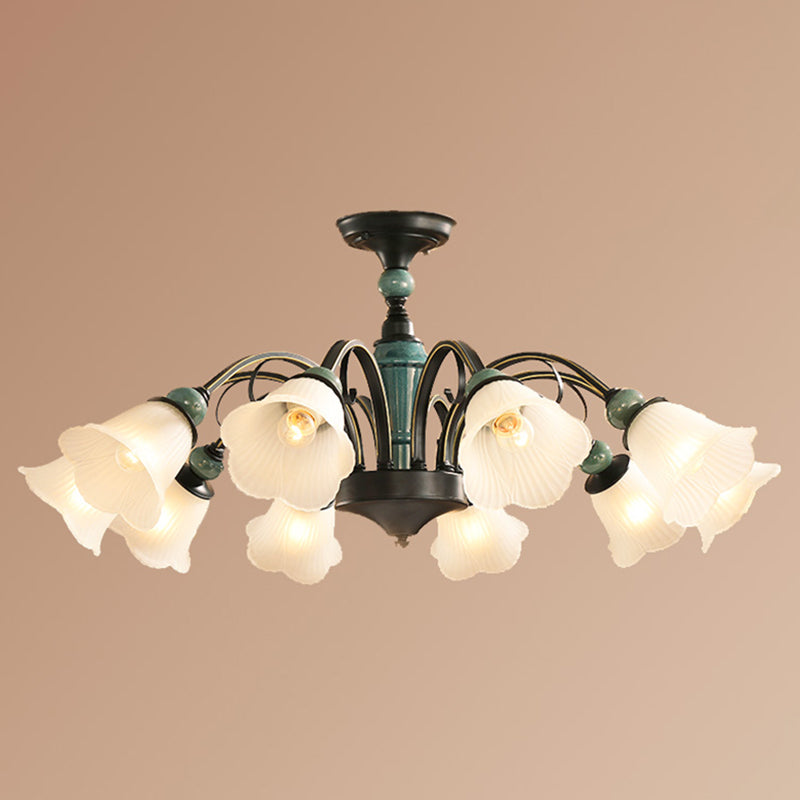 Green Flower Shade Flush Mount Light Retro Ribbed Glass Living Room Semi Flush Chandelier 10 Green Clearhalo 'Ceiling Lights' 'Close To Ceiling Lights' 'Close to ceiling' 'Glass shade' 'Glass' 'Semi-flushmount' Lighting' 2216899