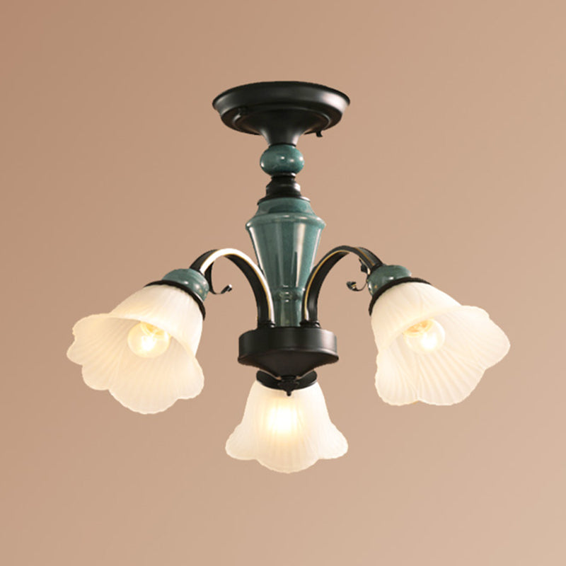 Green Flower Shade Flush Mount Light Retro Ribbed Glass Living Room Semi Flush Chandelier 3 Green Clearhalo 'Ceiling Lights' 'Close To Ceiling Lights' 'Close to ceiling' 'Glass shade' 'Glass' 'Semi-flushmount' Lighting' 2216900