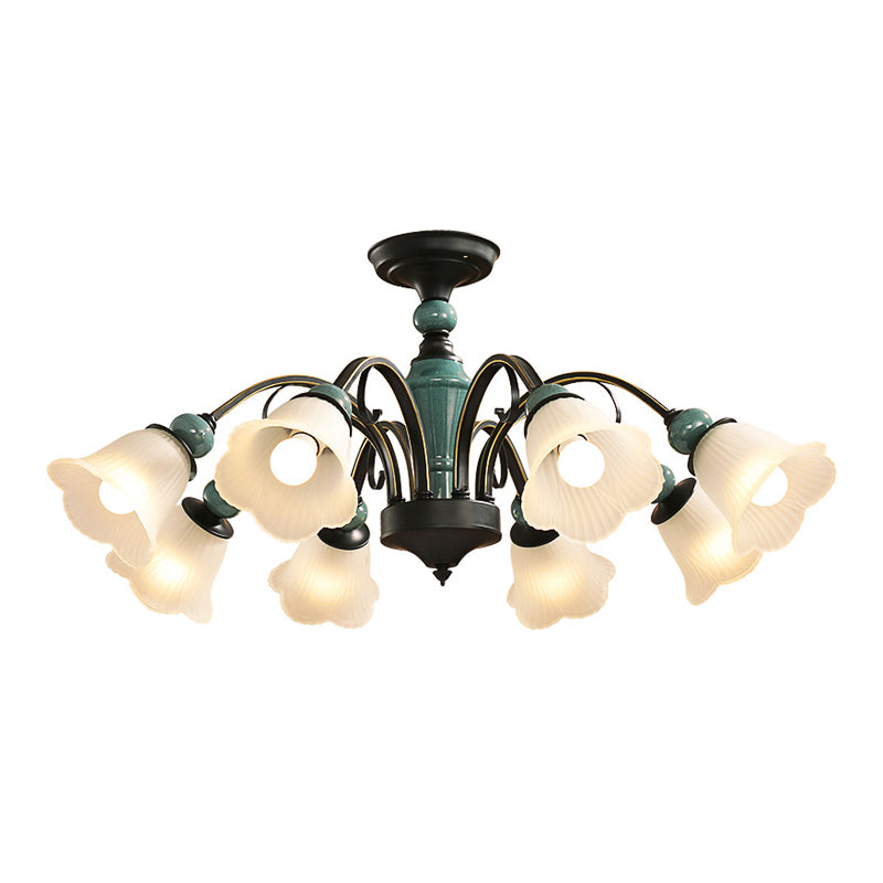 Green Flower Shade Flush Mount Light Retro Ribbed Glass Living Room Semi Flush Chandelier Clearhalo 'Ceiling Lights' 'Close To Ceiling Lights' 'Close to ceiling' 'Glass shade' 'Glass' 'Semi-flushmount' Lighting' 2216901