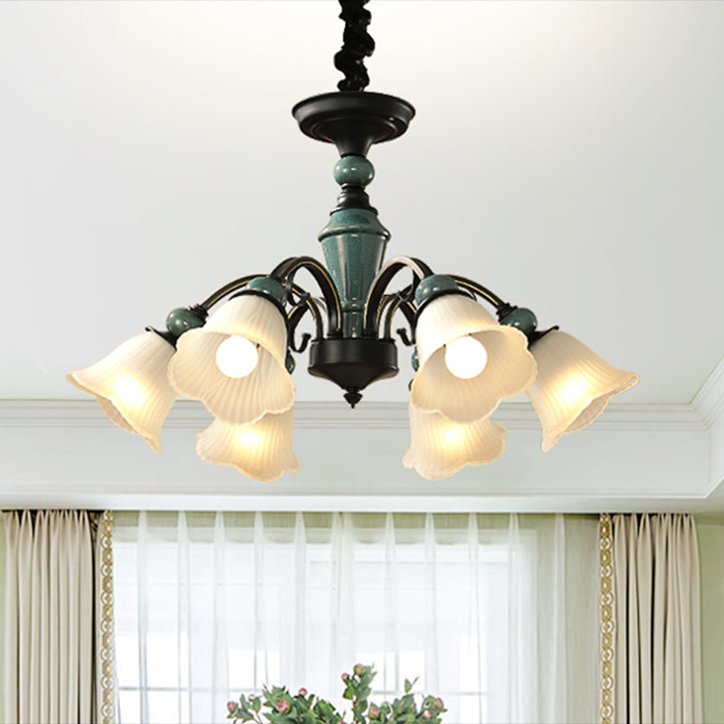 Green Flower Shade Flush Mount Light Retro Ribbed Glass Living Room Semi Flush Chandelier 6 Green Clearhalo 'Ceiling Lights' 'Close To Ceiling Lights' 'Close to ceiling' 'Glass shade' 'Glass' 'Semi-flushmount' Lighting' 2216902