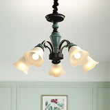 Green Flower Shade Flush Mount Light Retro Ribbed Glass Living Room Semi Flush Chandelier 5 Green Clearhalo 'Ceiling Lights' 'Close To Ceiling Lights' 'Close to ceiling' 'Glass shade' 'Glass' 'Semi-flushmount' Lighting' 2216903