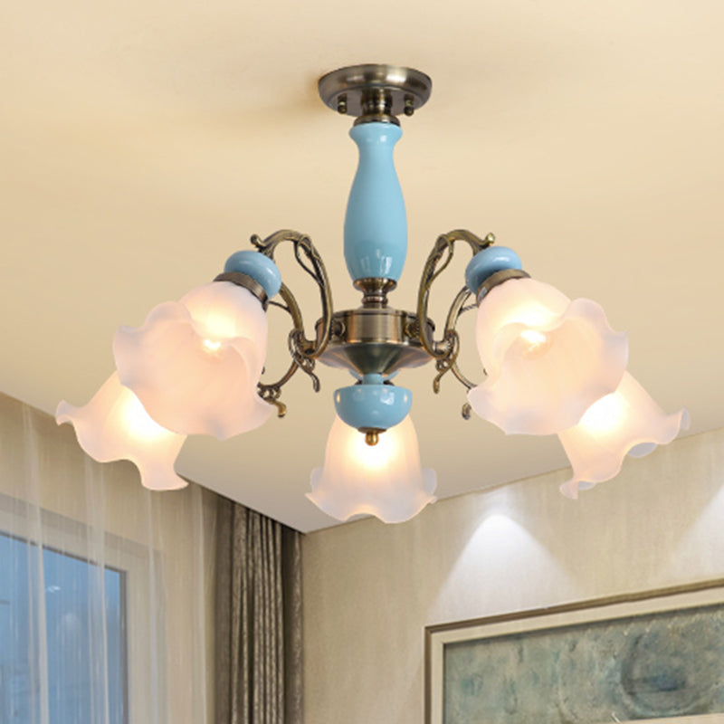Rustic Floral Shade Semi Flush Light Ruffle Glass Flush Mount Ceiling Chandelier for Dining Room 5 Blue Clearhalo 'Ceiling Lights' 'Close To Ceiling Lights' 'Close to ceiling' 'Semi-flushmount' Lighting' 2216904