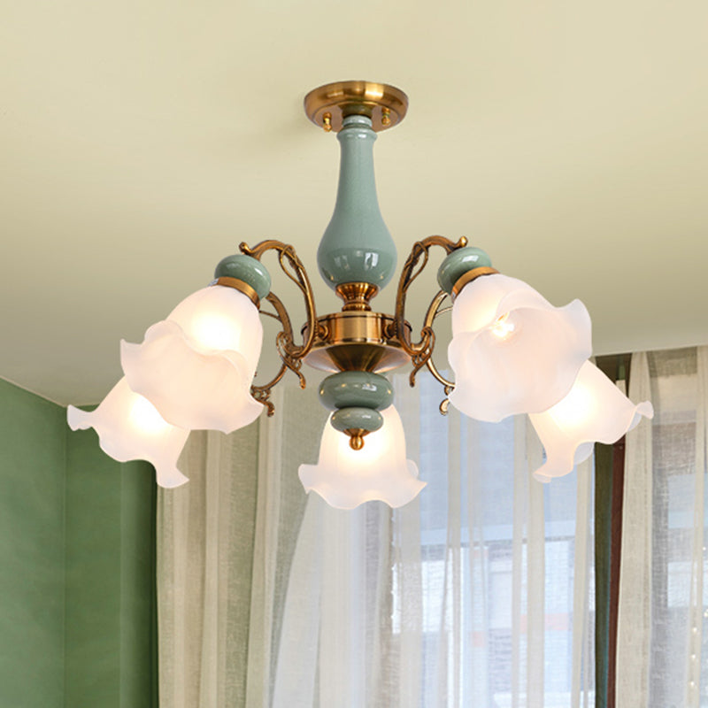 Rustic Floral Shade Semi Flush Light Ruffle Glass Flush Mount Ceiling Chandelier for Dining Room 5 Green Clearhalo 'Ceiling Lights' 'Close To Ceiling Lights' 'Close to ceiling' 'Semi-flushmount' Lighting' 2216905