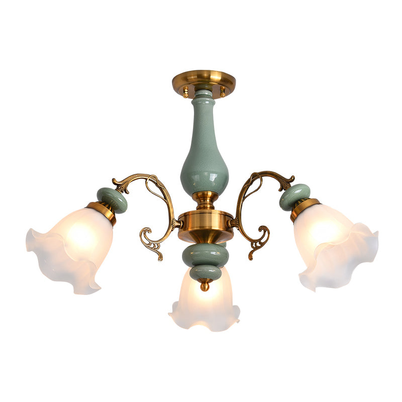 Rustic Floral Shade Semi Flush Light Ruffle Glass Flush Mount Ceiling Chandelier for Dining Room 3 Green Clearhalo 'Ceiling Lights' 'Close To Ceiling Lights' 'Close to ceiling' 'Semi-flushmount' Lighting' 2216908