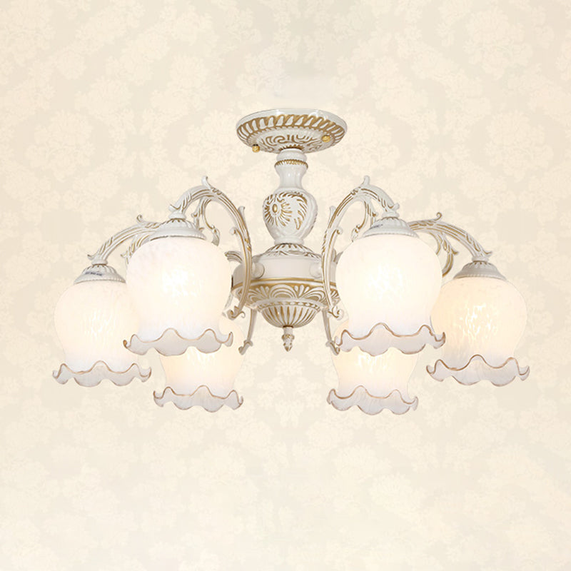 Bud Shade Frosted Glass Flush Mount Chandelier Classic Living Room Semi Flush Light Fixture 6 White Clearhalo 'Ceiling Lights' 'Close To Ceiling Lights' 'Close to ceiling' 'Semi-flushmount' Lighting' 2216910