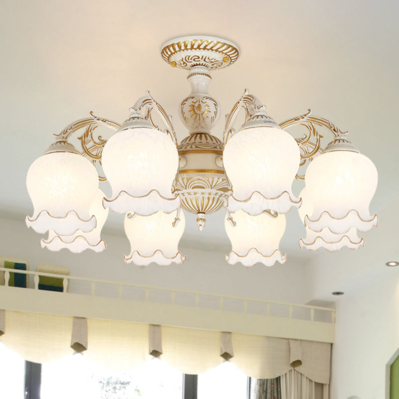 Bud Shade Frosted Glass Flush Mount Chandelier Classic Living Room Semi Flush Light Fixture 8 White Clearhalo 'Ceiling Lights' 'Close To Ceiling Lights' 'Close to ceiling' 'Semi-flushmount' Lighting' 2216911