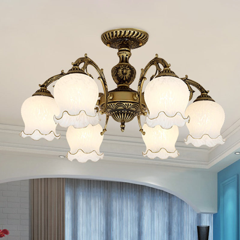 Bud Shade Frosted Glass Flush Mount Chandelier Classic Living Room Semi Flush Light Fixture 6 Bronze Clearhalo 'Ceiling Lights' 'Close To Ceiling Lights' 'Close to ceiling' 'Semi-flushmount' Lighting' 2216913