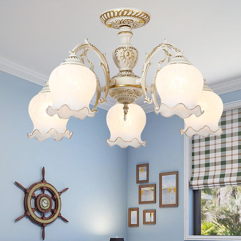 Bud Shade Frosted Glass Flush Mount Chandelier Classic Living Room Semi Flush Light Fixture 5 White Clearhalo 'Ceiling Lights' 'Close To Ceiling Lights' 'Close to ceiling' 'Semi-flushmount' Lighting' 2216915