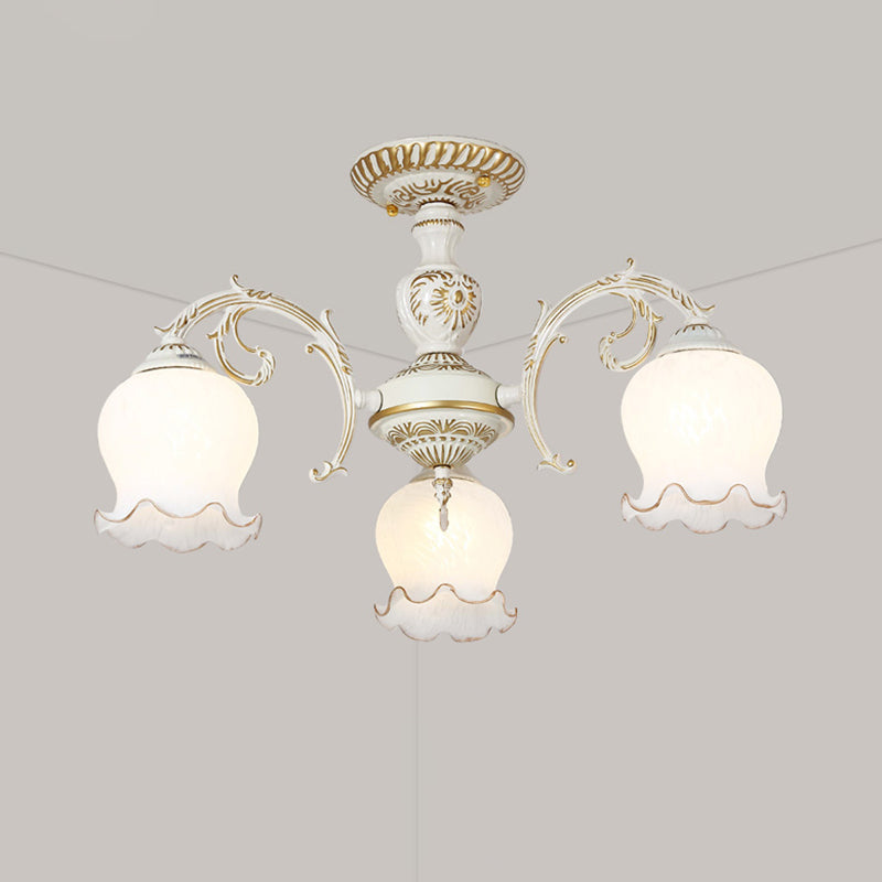 Bud Shade Frosted Glass Flush Mount Chandelier Classic Living Room Semi Flush Light Fixture 3 White Clearhalo 'Ceiling Lights' 'Close To Ceiling Lights' 'Close to ceiling' 'Semi-flushmount' Lighting' 2216918