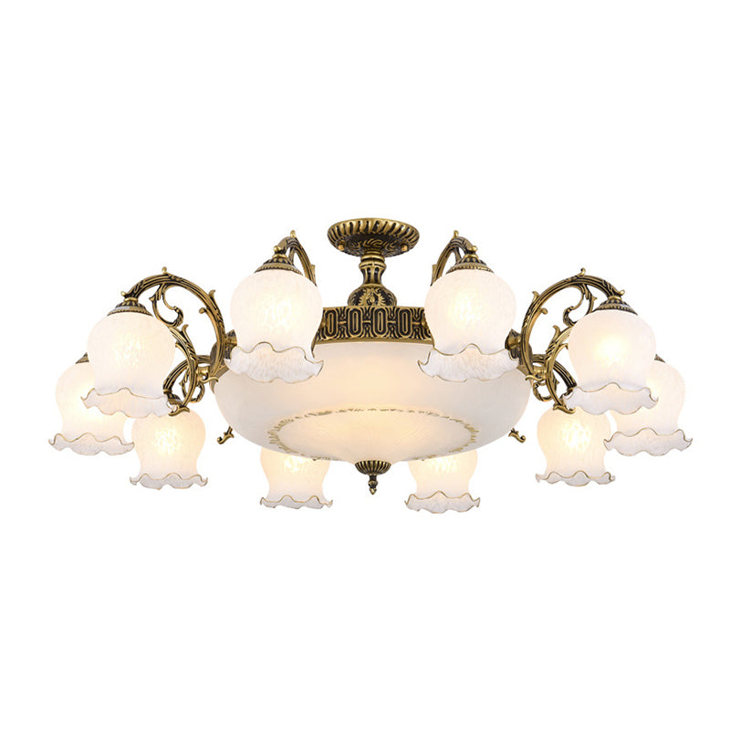 Bud Shade Frosted Glass Flush Mount Chandelier Classic Living Room Semi Flush Light Fixture 13 Bronze Clearhalo 'Ceiling Lights' 'Close To Ceiling Lights' 'Close to ceiling' 'Semi-flushmount' Lighting' 2216919