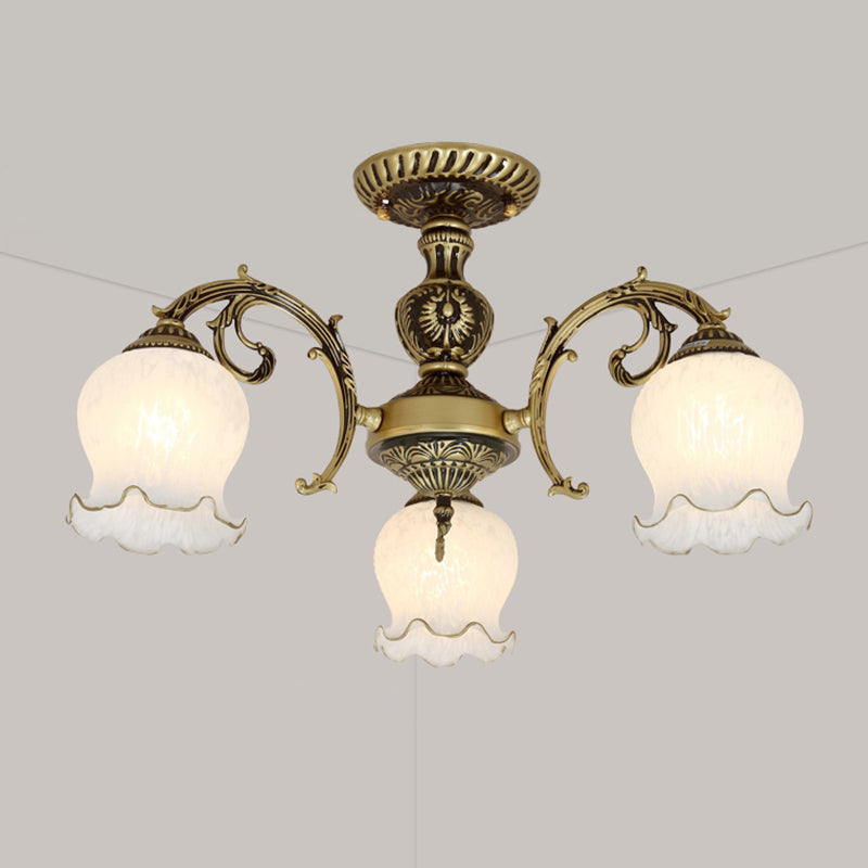 Bud Shade Frosted Glass Flush Mount Chandelier Classic Living Room Semi Flush Light Fixture 3 Bronze Clearhalo 'Ceiling Lights' 'Close To Ceiling Lights' 'Close to ceiling' 'Semi-flushmount' Lighting' 2216920