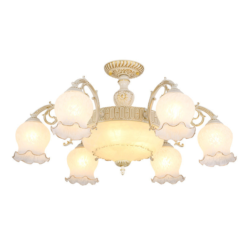 Bud Shade Frosted Glass Flush Mount Chandelier Classic Living Room Semi Flush Light Fixture 9 White Clearhalo 'Ceiling Lights' 'Close To Ceiling Lights' 'Close to ceiling' 'Semi-flushmount' Lighting' 2216921