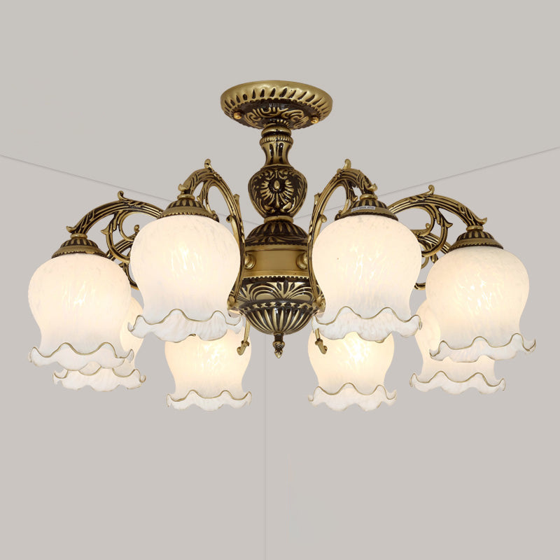 Bud Shade Frosted Glass Flush Mount Chandelier Classic Living Room Semi Flush Light Fixture 8 Bronze Clearhalo 'Ceiling Lights' 'Close To Ceiling Lights' 'Close to ceiling' 'Semi-flushmount' Lighting' 2216922