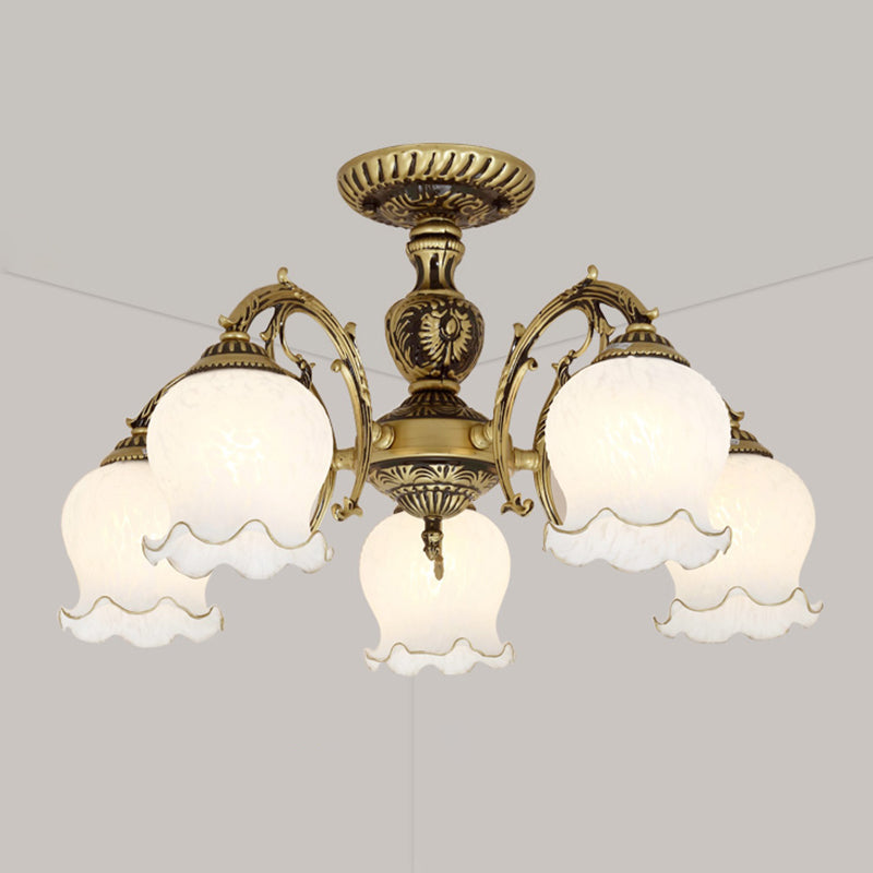 Bud Shade Frosted Glass Flush Mount Chandelier Classic Living Room Semi Flush Light Fixture 5 Bronze Clearhalo 'Ceiling Lights' 'Close To Ceiling Lights' 'Close to ceiling' 'Semi-flushmount' Lighting' 2216923