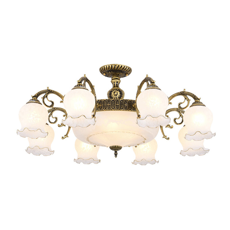 Bud Shade Frosted Glass Flush Mount Chandelier Classic Living Room Semi Flush Light Fixture 11 Bronze Clearhalo 'Ceiling Lights' 'Close To Ceiling Lights' 'Close to ceiling' 'Semi-flushmount' Lighting' 2216924