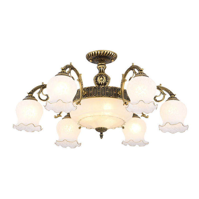 Bud Shade Frosted Glass Flush Mount Chandelier Classic Living Room Semi Flush Light Fixture 9 Bronze Clearhalo 'Ceiling Lights' 'Close To Ceiling Lights' 'Close to ceiling' 'Semi-flushmount' Lighting' 2216925