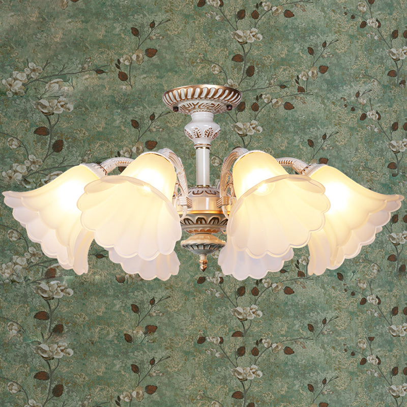 White Glass Floral Semi Flush Traditional Bedroom Ceiling Mount Chandelier with Scalloped Edge Clearhalo 'Ceiling Lights' 'Close To Ceiling Lights' 'Close to ceiling' 'Glass shade' 'Glass' 'Pendant Lights' 'Semi-flushmount' Lighting' 2216927