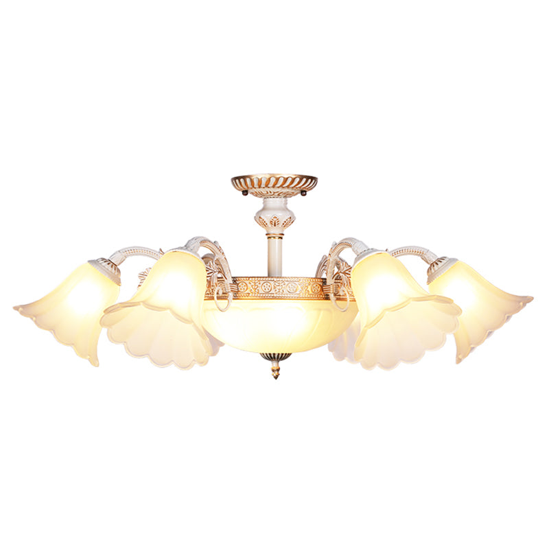 White Glass Floral Semi Flush Traditional Bedroom Ceiling Mount Chandelier with Scalloped Edge 9 White Clearhalo 'Ceiling Lights' 'Close To Ceiling Lights' 'Close to ceiling' 'Glass shade' 'Glass' 'Pendant Lights' 'Semi-flushmount' Lighting' 2216928