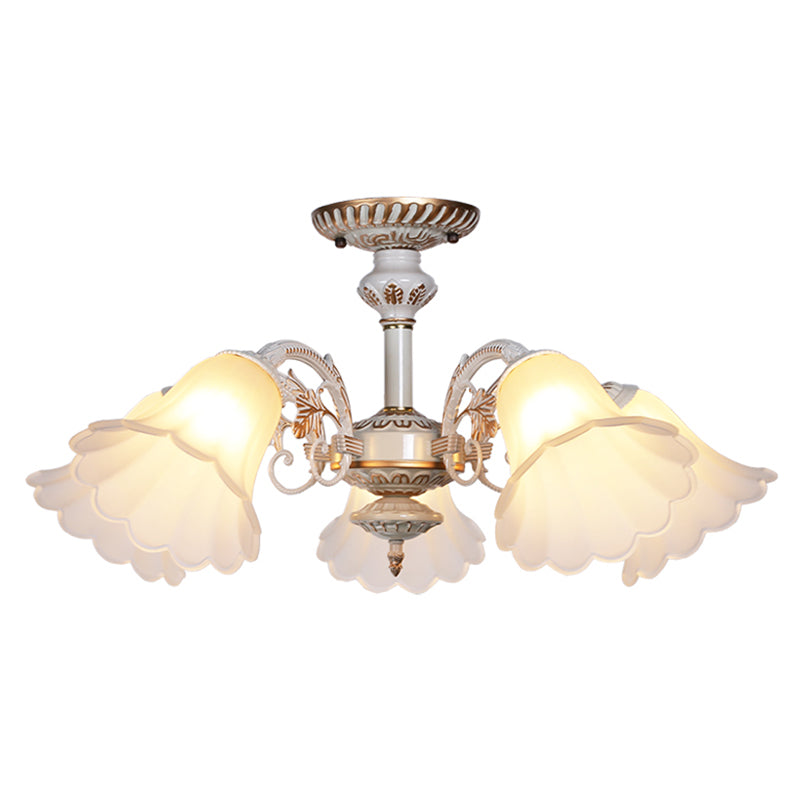 White Glass Floral Semi Flush Traditional Bedroom Ceiling Mount Chandelier with Scalloped Edge 5 White Clearhalo 'Ceiling Lights' 'Close To Ceiling Lights' 'Close to ceiling' 'Glass shade' 'Glass' 'Pendant Lights' 'Semi-flushmount' Lighting' 2216929