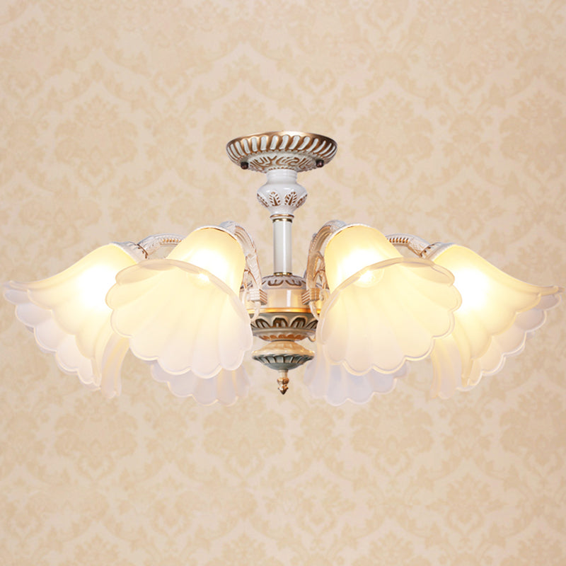 White Glass Floral Semi Flush Traditional Bedroom Ceiling Mount Chandelier with Scalloped Edge Clearhalo 'Ceiling Lights' 'Close To Ceiling Lights' 'Close to ceiling' 'Glass shade' 'Glass' 'Pendant Lights' 'Semi-flushmount' Lighting' 2216930
