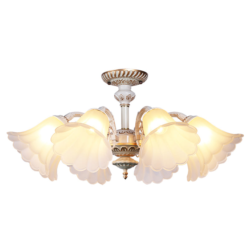 White Glass Floral Semi Flush Traditional Bedroom Ceiling Mount Chandelier with Scalloped Edge 6 White Clearhalo 'Ceiling Lights' 'Close To Ceiling Lights' 'Close to ceiling' 'Glass shade' 'Glass' 'Pendant Lights' 'Semi-flushmount' Lighting' 2216931