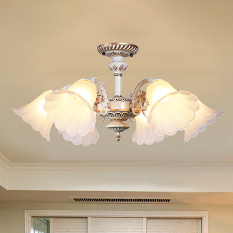 White Glass Floral Semi Flush Traditional Bedroom Ceiling Mount Chandelier with Scalloped Edge Clearhalo 'Ceiling Lights' 'Close To Ceiling Lights' 'Close to ceiling' 'Glass shade' 'Glass' 'Pendant Lights' 'Semi-flushmount' Lighting' 2216932