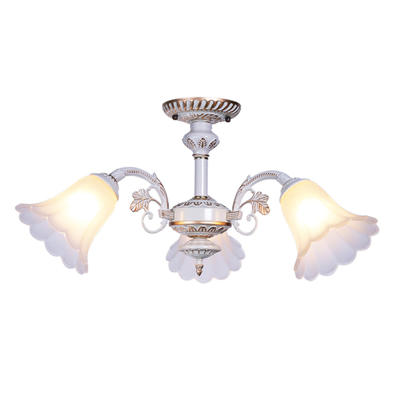White Glass Floral Semi Flush Traditional Bedroom Ceiling Mount Chandelier with Scalloped Edge 3 White Clearhalo 'Ceiling Lights' 'Close To Ceiling Lights' 'Close to ceiling' 'Glass shade' 'Glass' 'Pendant Lights' 'Semi-flushmount' Lighting' 2216933