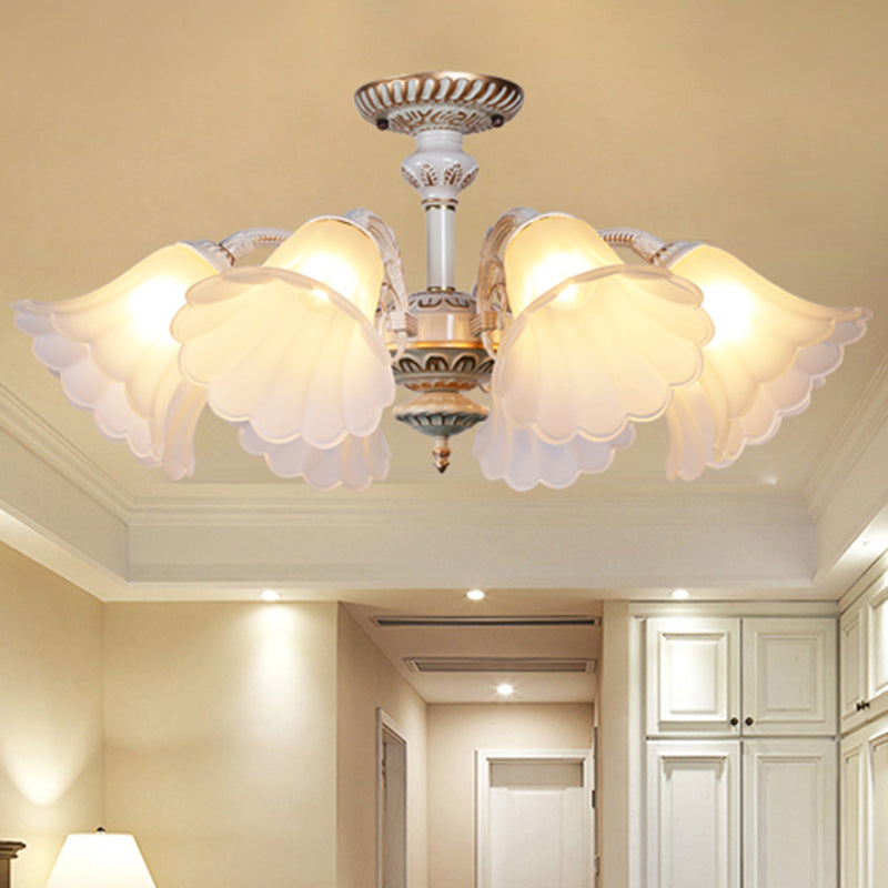 White Glass Floral Semi Flush Traditional Bedroom Ceiling Mount Chandelier with Scalloped Edge Clearhalo 'Ceiling Lights' 'Close To Ceiling Lights' 'Close to ceiling' 'Glass shade' 'Glass' 'Pendant Lights' 'Semi-flushmount' Lighting' 2216934