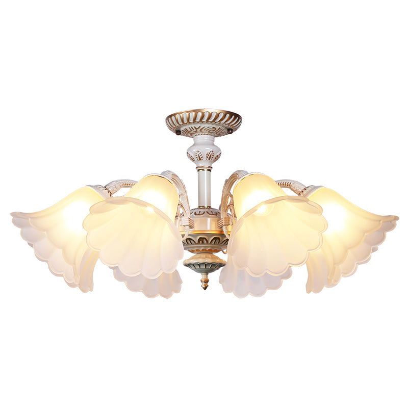 White Glass Floral Semi Flush Traditional Bedroom Ceiling Mount Chandelier with Scalloped Edge 8 White Clearhalo 'Ceiling Lights' 'Close To Ceiling Lights' 'Close to ceiling' 'Glass shade' 'Glass' 'Pendant Lights' 'Semi-flushmount' Lighting' 2216935