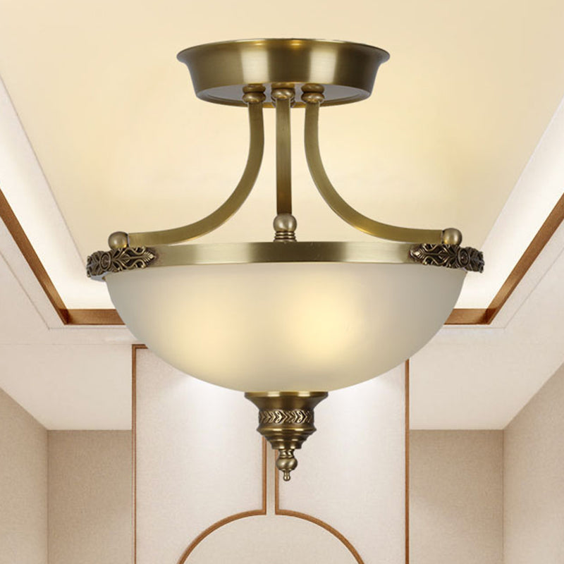 Inverted Dome Corridor Chandelier Pendant Light Vintage Frosted Glass 3 Bulbs Gold Hanging Light Clearhalo 'Ceiling Lights' 'Chandeliers' Lighting' options 2216943
