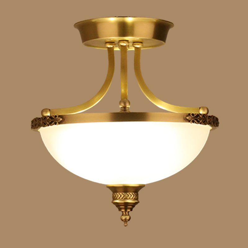 Inverted Dome Corridor Chandelier Pendant Light Vintage Frosted Glass 3 Bulbs Gold Hanging Light Clearhalo 'Ceiling Lights' 'Chandeliers' Lighting' options 2216944