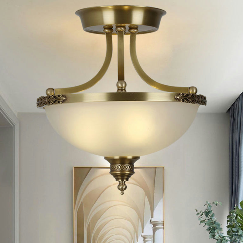 Inverted Dome Corridor Chandelier Pendant Light Vintage Frosted Glass 3 Bulbs Gold Hanging Light Clearhalo 'Ceiling Lights' 'Chandeliers' Lighting' options 2216945