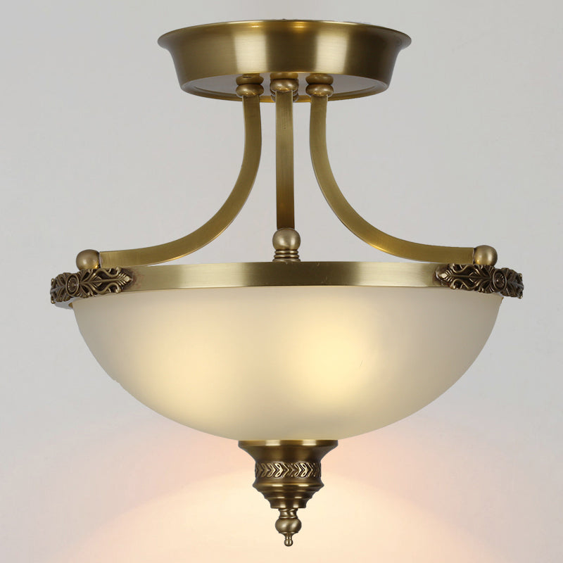 Inverted Dome Corridor Chandelier Pendant Light Vintage Frosted Glass 3 Bulbs Gold Hanging Light Clearhalo 'Ceiling Lights' 'Chandeliers' Lighting' options 2216946