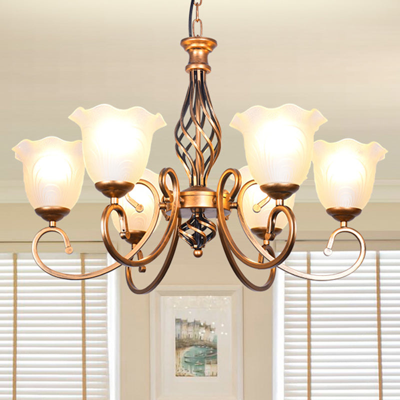 Ruffle Glass Floral Shade Chandelier Lighting Classic Living Room Pendant Light with Scroll Arm 6 Bronze White Clearhalo 'Ceiling Lights' 'Chandeliers' Lighting' options 2216994_5389fe3b-0a08-42bc-931a-a2bfe2181c29