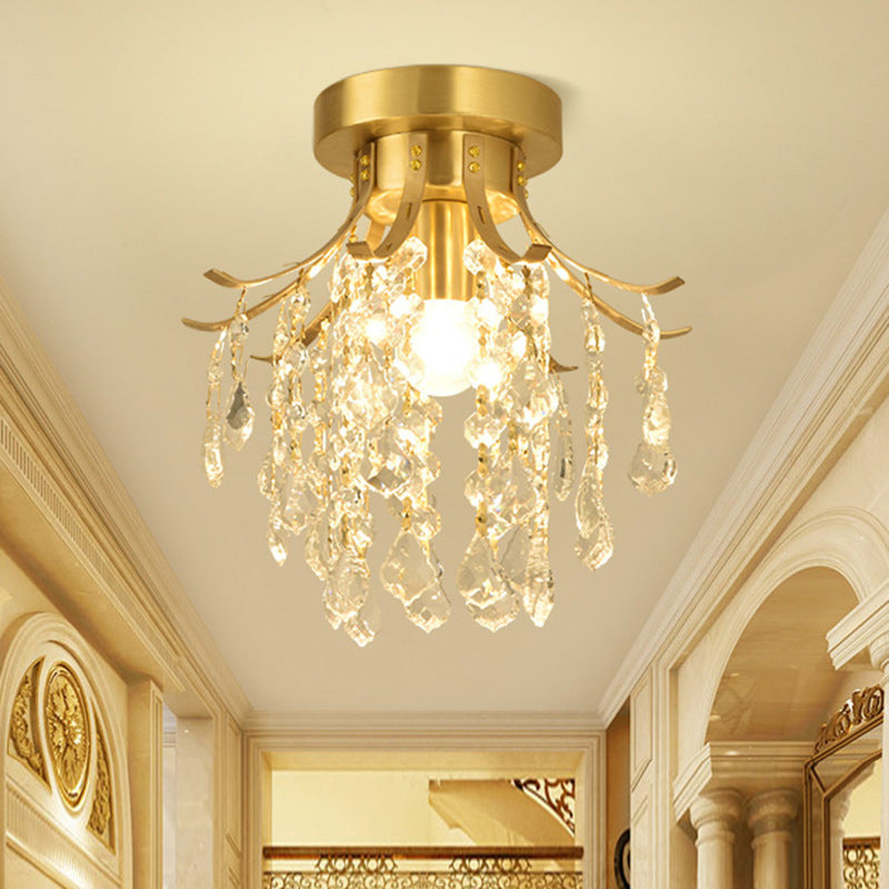 Raindrop Semi Flush Mount Light Postmodern Metal 1 Light Brass Corridor Ceiling Light with Crystal Accent Clearhalo 'Ceiling Lights' 'Close To Ceiling Lights' 'Close to ceiling' 'Semi-flushmount' Lighting' 221700