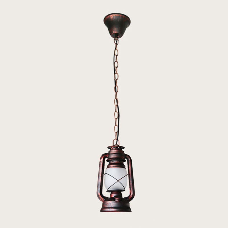 Antique Lantern Kerosene Light 1-Light Frosted Glass Hanging Light Fixture for Bedside Red Small Clearhalo 'Art Deco Pendants' 'Cast Iron' 'Ceiling Lights' 'Ceramic' 'Crystal' 'Industrial Pendants' 'Industrial' 'Metal' 'Middle Century Pendants' 'Pendant Lights' 'Pendants' 'Tiffany' Lighting' 2217156