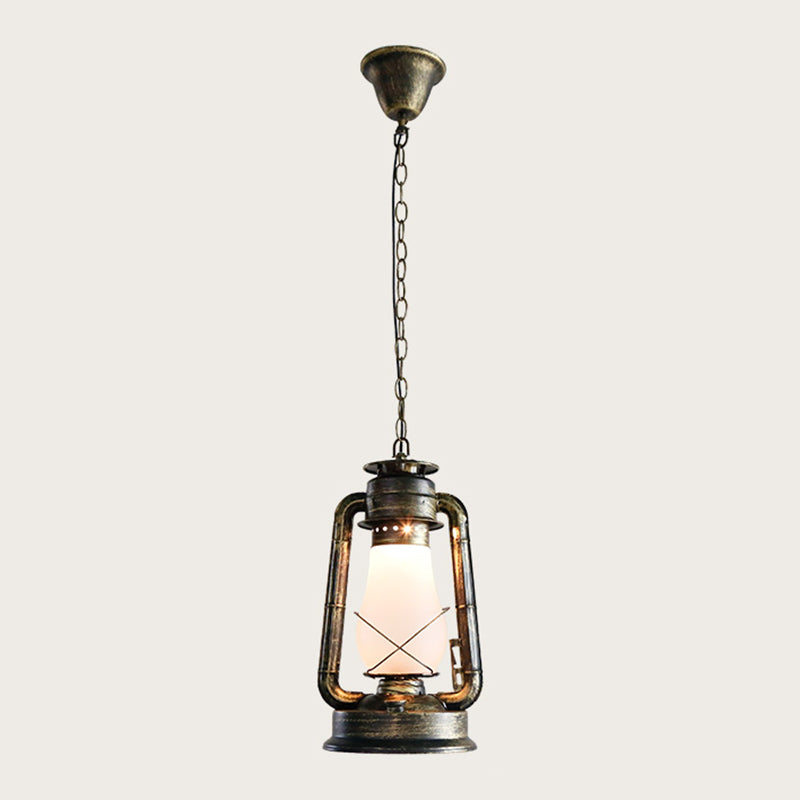Antique Lantern Kerosene Light 1-Light Frosted Glass Hanging Light Fixture for Bedside Antique Bronze Large Clearhalo 'Art Deco Pendants' 'Cast Iron' 'Ceiling Lights' 'Ceramic' 'Crystal' 'Industrial Pendants' 'Industrial' 'Metal' 'Middle Century Pendants' 'Pendant Lights' 'Pendants' 'Tiffany' Lighting' 2217159