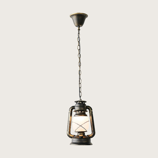 Antique Lantern Kerosene Light 1-Light Frosted Glass Hanging Light Fixture for Bedside Antique Bronze Small Clearhalo 'Art Deco Pendants' 'Cast Iron' 'Ceiling Lights' 'Ceramic' 'Crystal' 'Industrial Pendants' 'Industrial' 'Metal' 'Middle Century Pendants' 'Pendant Lights' 'Pendants' 'Tiffany' Lighting' 2217161