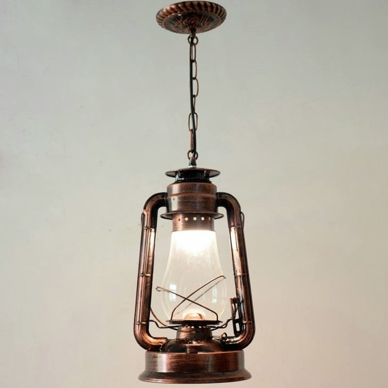 1 Bulb Hanging Light Simplicity Lantern Metallic Kerosene Lighting for Restaurant Copper 8.5" A Clearhalo 'Art Deco Pendants' 'Black' 'Cast Iron' 'Ceiling Lights' 'Ceramic' 'Crystal' 'Industrial' 'Metal' 'Pendant Lights' 'Rustic Pendants' 'Tiffany' Lighting' 2217165