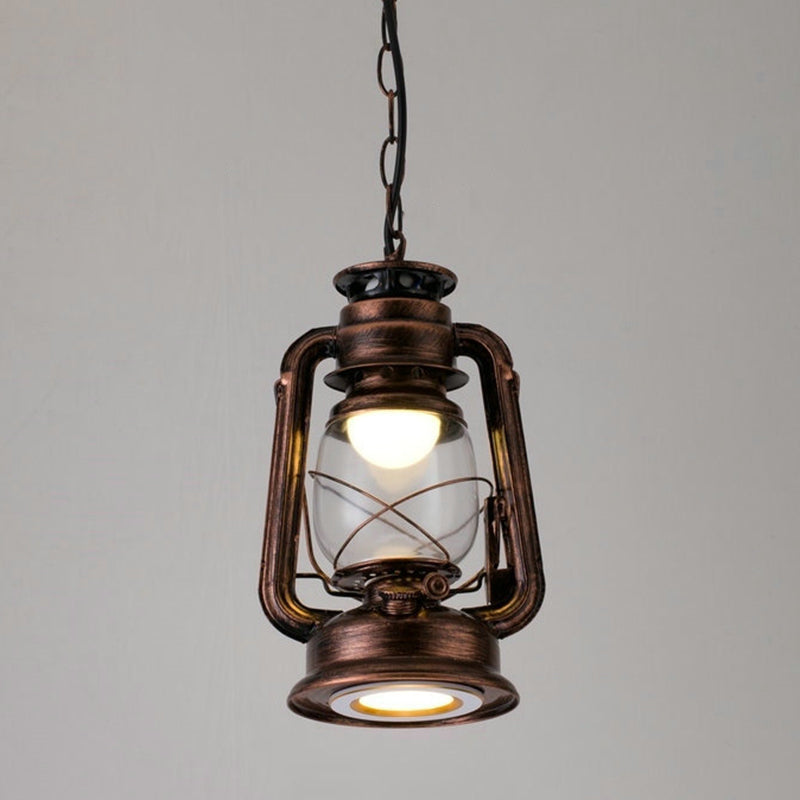 1 Bulb Hanging Light Simplicity Lantern Metallic Kerosene Lighting for Restaurant Copper 7" B Clearhalo 'Ceiling Lights' 'Industrial Pendants' 'Industrial' 'Middle Century Pendants' 'Pendant Lights' 'Pendants' 'Tiffany' Lighting' 2217166_c3799e92-556e-49fc-8edd-63ea60e3cb63