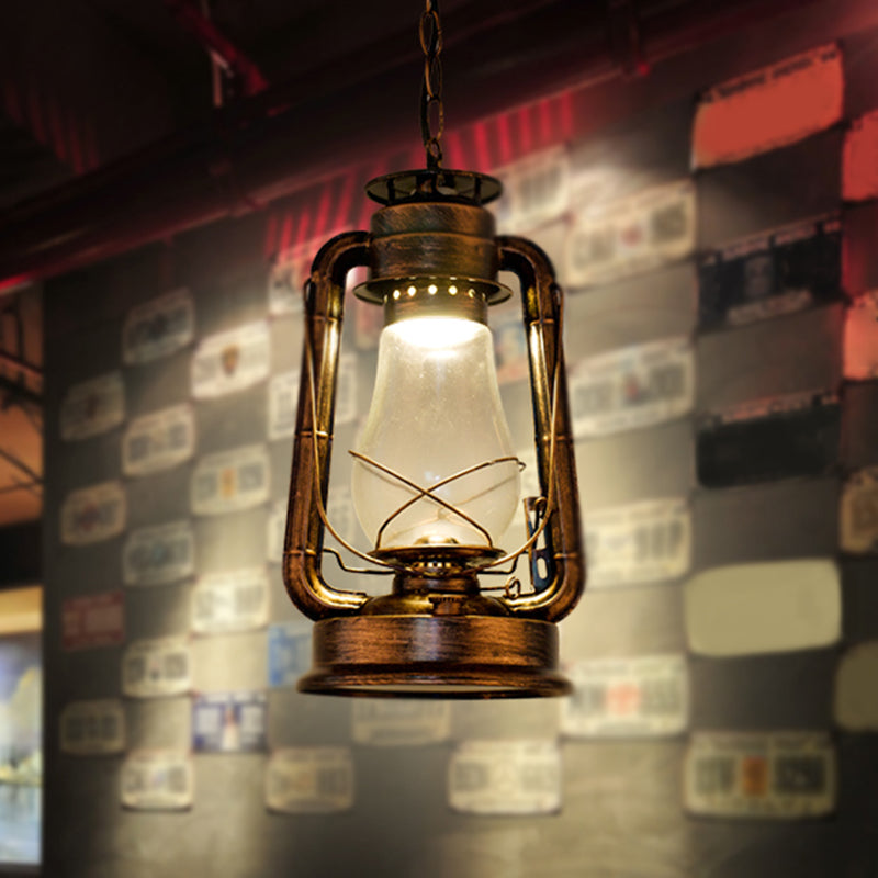 1 Bulb Hanging Light Simplicity Lantern Metallic Kerosene Lighting for Restaurant Clearhalo 'Art Deco Pendants' 'Black' 'Cast Iron' 'Ceiling Lights' 'Ceramic' 'Crystal' 'Industrial' 'Metal' 'Pendant Lights' 'Rustic Pendants' 'Tiffany' Lighting' 2217167