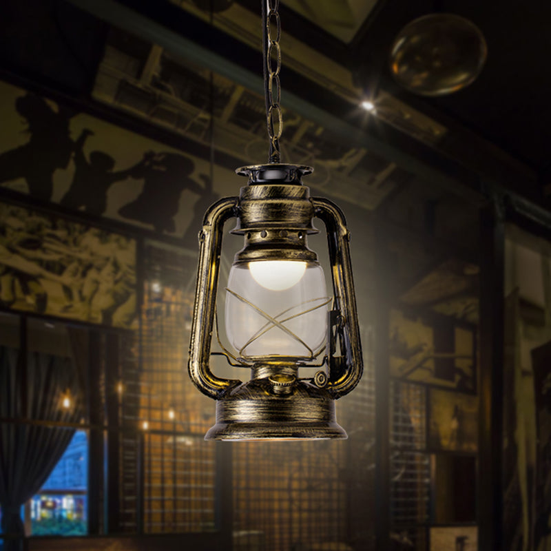 1 Bulb Hanging Light Simplicity Lantern Metallic Kerosene Lighting for Restaurant Clearhalo 'Art Deco Pendants' 'Black' 'Cast Iron' 'Ceiling Lights' 'Ceramic' 'Crystal' 'Industrial' 'Metal' 'Pendant Lights' 'Rustic Pendants' 'Tiffany' Lighting' 2217168
