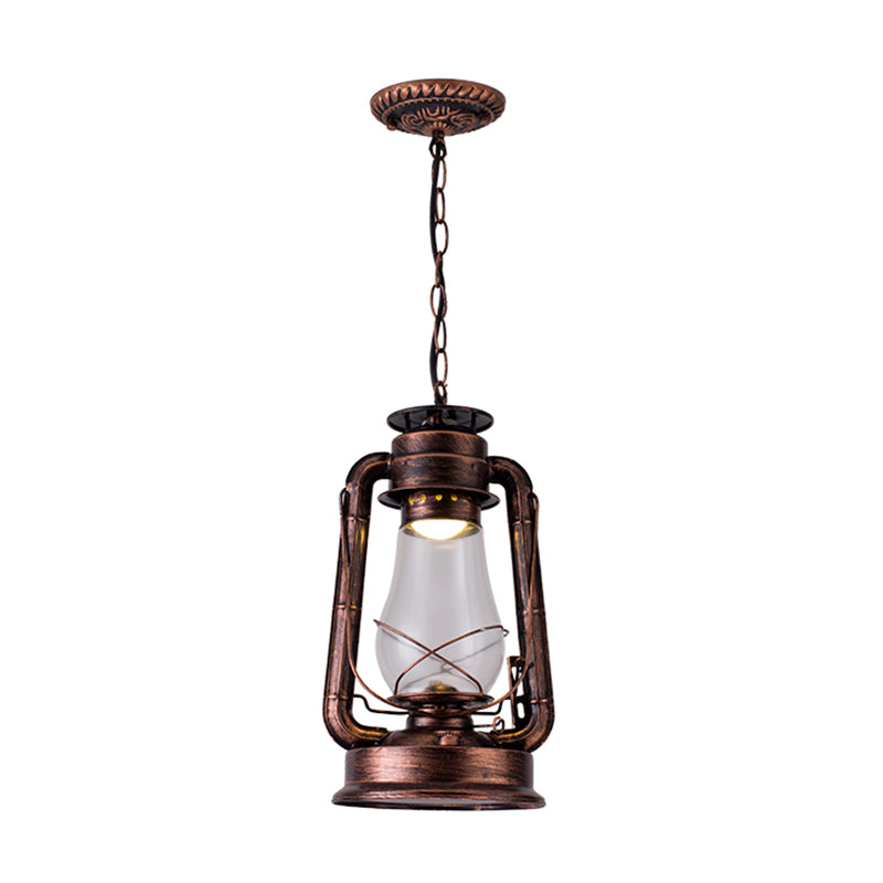 1 Bulb Hanging Light Simplicity Lantern Metallic Kerosene Lighting for Restaurant Clearhalo 'Art Deco Pendants' 'Black' 'Cast Iron' 'Ceiling Lights' 'Ceramic' 'Crystal' 'Industrial' 'Metal' 'Pendant Lights' 'Rustic Pendants' 'Tiffany' Lighting' 2217170