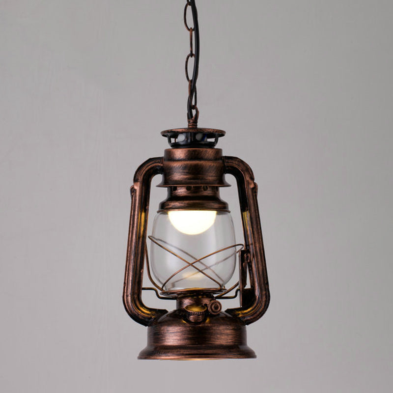 1 Bulb Hanging Light Simplicity Lantern Metallic Kerosene Lighting for Restaurant Copper 7" A Clearhalo 'Ceiling Lights' 'Industrial Pendants' 'Industrial' 'Middle Century Pendants' 'Pendant Lights' 'Pendants' 'Tiffany' Lighting' 2217172_5b570f9d-c6c2-4886-8680-767e8b30cf10