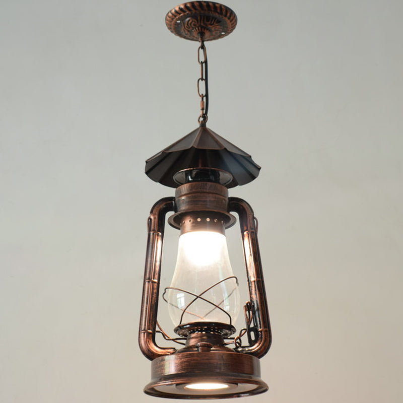 1 Bulb Hanging Light Simplicity Lantern Metallic Kerosene Lighting for Restaurant Copper 7" D Clearhalo 'Art Deco Pendants' 'Black' 'Cast Iron' 'Ceiling Lights' 'Ceramic' 'Crystal' 'Industrial' 'Metal' 'Pendant Lights' 'Rustic Pendants' 'Tiffany' Lighting' 2217174