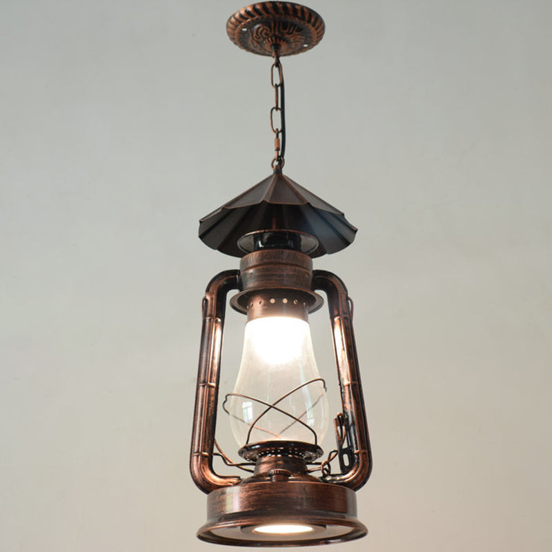 1 Bulb Hanging Light Simplicity Lantern Metallic Kerosene Lighting for Restaurant Copper 7" D Clearhalo 'Ceiling Lights' 'Industrial Pendants' 'Industrial' 'Middle Century Pendants' 'Pendant Lights' 'Pendants' 'Tiffany' Lighting' 2217174_a9298a81-538a-4fb1-a588-2b301563e42a